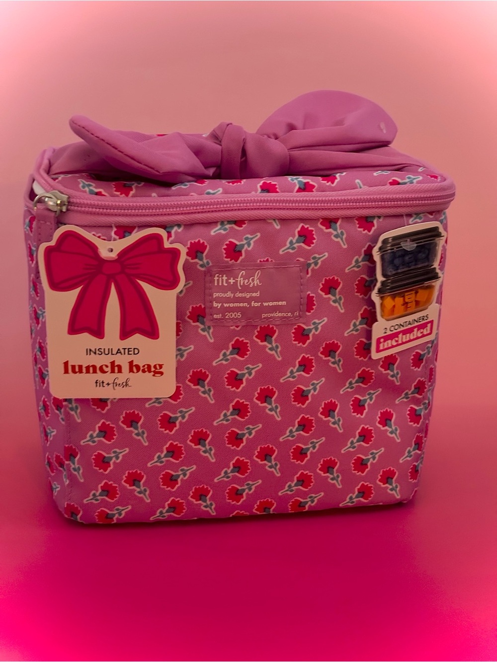 fit + fresh Pink Floral Insulated Lunch Bag with Bow Handle